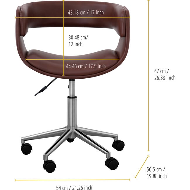 Modern PU Leather Office Chair with Adjustable-Height Ergonomic Mid-Back Seat, Swiveling Base, and Wheels, Brown/Chrome, 20" x 21.26" x 26.38" - Desk Chairs - 4