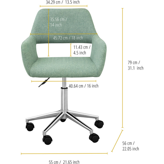 Modern Fabric Office Chair with Adjustable Ergonomic Seat, Swivel Base, and Wheels, Mint/Chrome - Accent Seating - 4