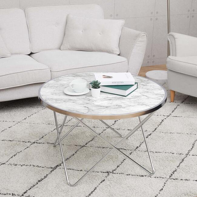 Margo Small 32 Inch Round Faux White Carrara Marble Coffee Table with Silver Metal Geometric Criss Cross Base and Legs, White - Desks - 3