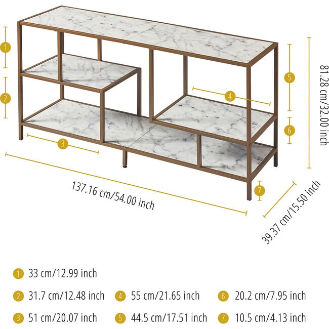 Marmo Modern Media Stand & Console Table with Open Geometric Shelves & Faux Marble Finish, White/Brass - Cabinets - 4