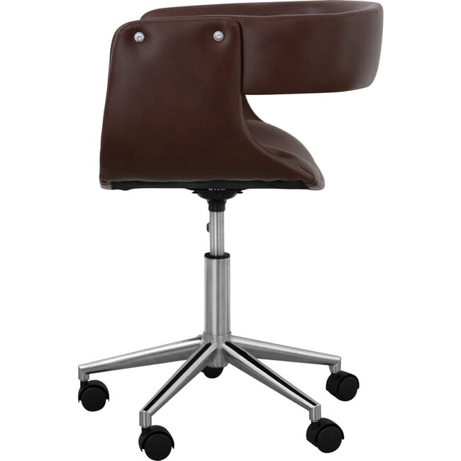 Modern PU Leather Office Chair with Adjustable-Height Ergonomic Mid-Back Seat, Swiveling Base, and Wheels, Brown/Chrome, 20" x 21.26" x 26.38" - Desk Chairs - 6