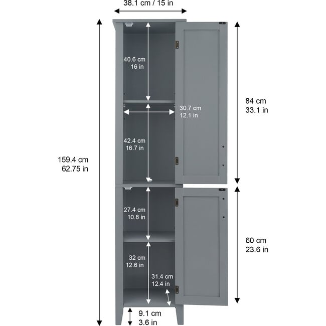 Mercer Mid Century Modern Bathroom Linen Tower Storage with Two Doors, Gray - Cabinets - 4