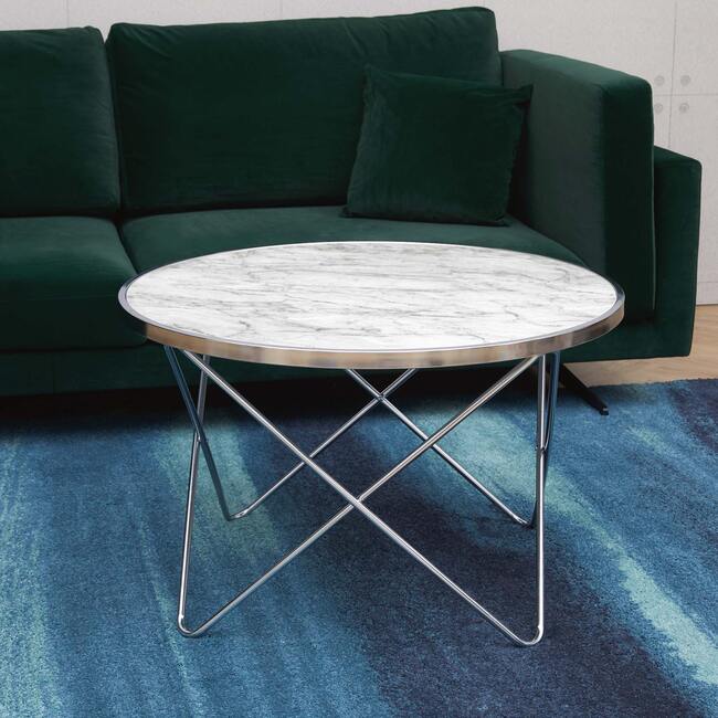 Margo Small 32 Inch Round Faux White Carrara Marble Coffee Table with Silver Metal Geometric Criss Cross Base and Legs, White - Desks - 4