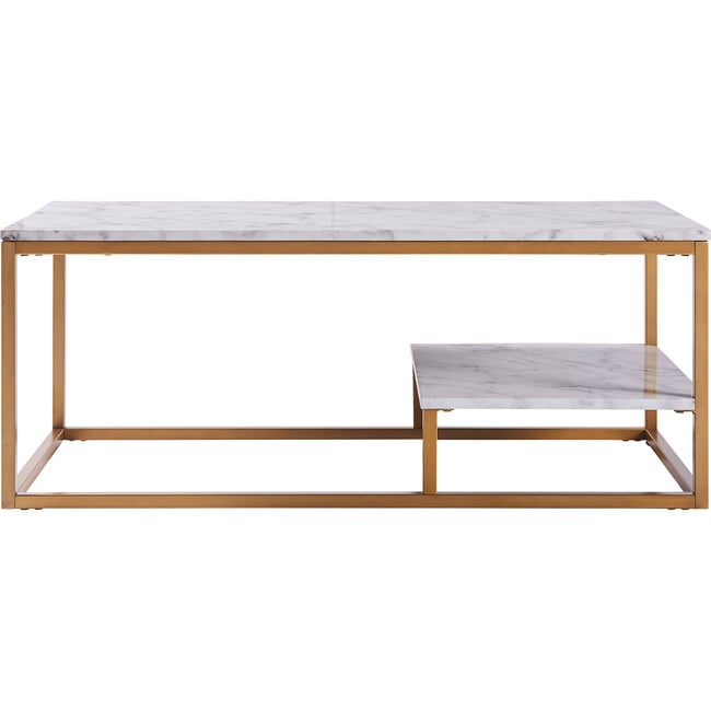 Marmo Modern Marble-Look Coffee Table with Shelf, Marble/Brass - Desks - 4