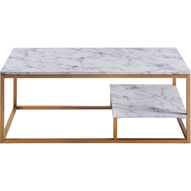 Marmo Modern Marble-Look Coffee Table with Shelf, Marble/Brass - Desks - 5