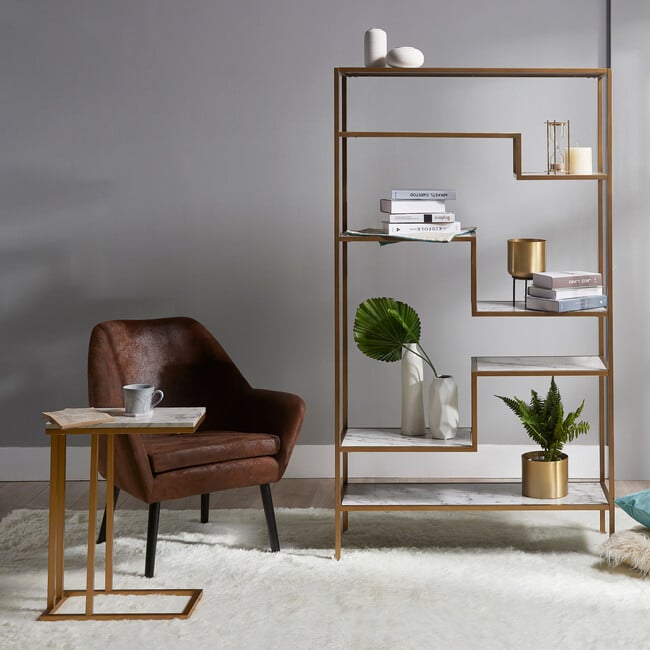 Marmo Modern Marble-Look 5-Tier Display Shelf, Marble/Brass - Bookcases - 5