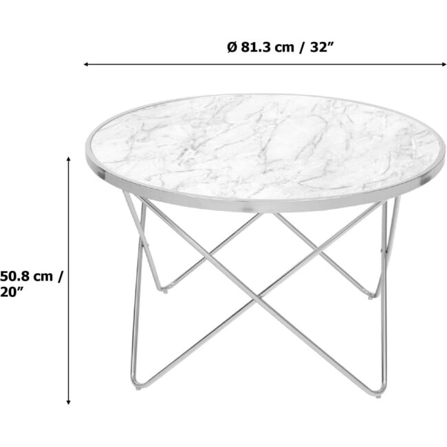 Margo Small 32 Inch Round Faux White Carrara Marble Coffee Table with Silver Metal Geometric Criss Cross Base and Legs, White - Desks - 6