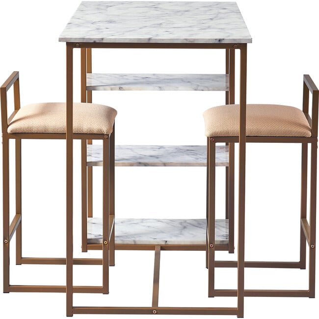 Marmo Breakfast Table Dining Set with Faux Marble Top, Brass Finish - Desk Chairs - 6