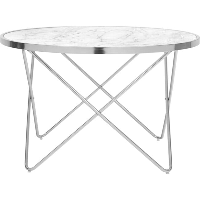 Margo Small 32 Inch Round Faux White Carrara Marble Coffee Table with Silver Metal Geometric Criss Cross Base and Legs, White - Desks - 7