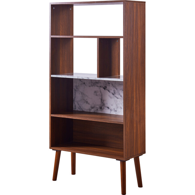 Kingston Wooden Bookcase with Faux Marble Shelf & Accents, White/Walnut