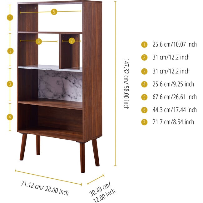 Kingston Wooden Bookcase with Faux Marble Shelf & Accents, White/Walnut - Bookcases - 4