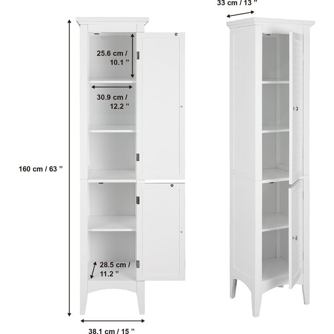 Glancy Tall Slim Free Standing Linen Storage Cabinet with 2 Louvered Doors 5 Tier Shelves, White - Cabinets - 4