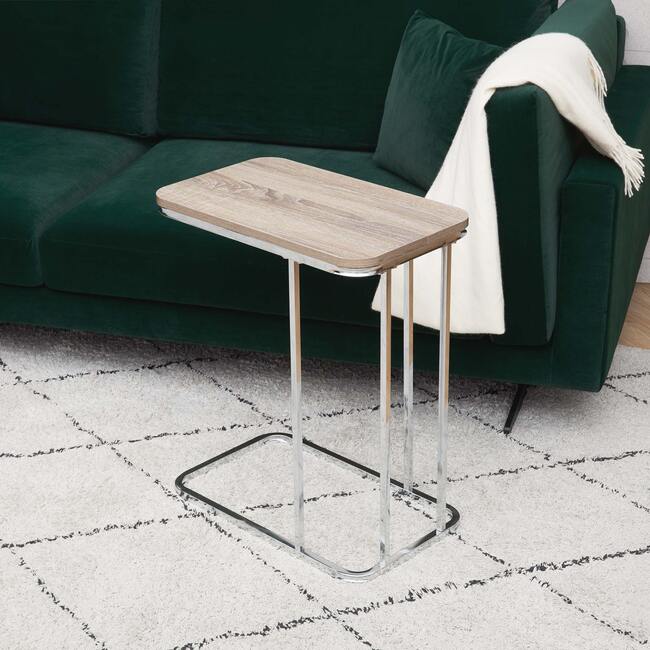 Cora 20 Inch C-Table TV Tray End Side Table with Wood Grain Finish Tabletop and Reflective Silver Metal Frame and Base, Brown - Desks - 2