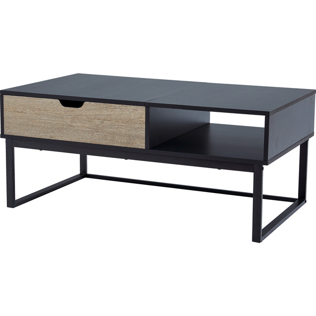 Bryson Two-Tone Natural Wood Grain Color with Manual Lift and Lower Top Coffee Table Desk with Open Storage and Metal Legs, Black/Tan