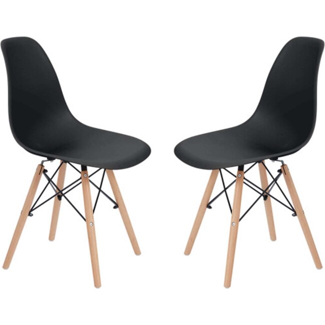 Allan Plastic Side Dining Chair with Wooden Legs Set of 2, Black