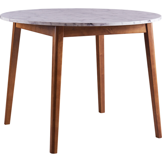 Ashton Wooden Round Dining Table with Faux Marble Top, White/Walnut