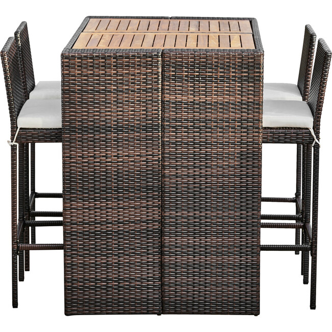 5 Piece Outdoor Bar Height Dining Set with Slat Acacia Wood Tabletop and Woven Weather Resistant Rattan with 4 Bar Stool Chairs and Cushions, Brown