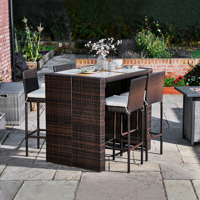 5 Piece Outdoor Bar Height Dining Set with Slat Acacia Wood Tabletop and Woven Weather Resistant Rattan with 4 Bar Stool Chairs and Cushions, Brown - Outdoor Home - 2
