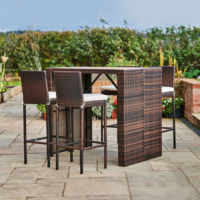 5 Piece Outdoor Bar Height Dining Set with Slat Acacia Wood Tabletop and Woven Weather Resistant Rattan with 4 Bar Stool Chairs and Cushions, Brown - Outdoor Home - 3
