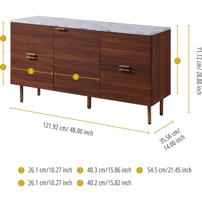 Ashton Wooden Sideboard Storage Cabinet with Faux Marble Top, White/Walnut - Cabinets - 4