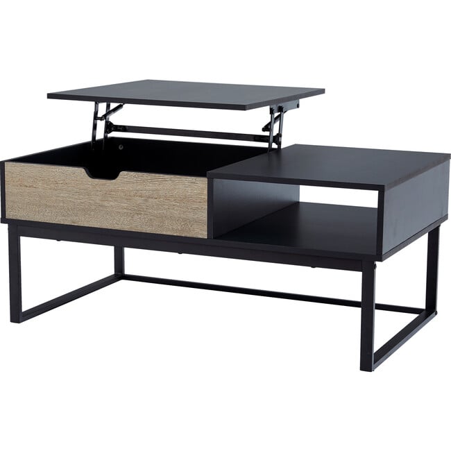 Bryson Two-Tone Natural Wood Grain Color with Manual Lift and Lower Top Coffee Table Desk with Open Storage and Metal Legs, Black/Tan - Desks - 6