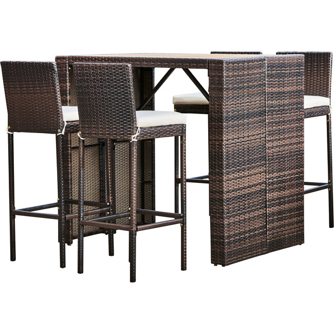 5 Piece Outdoor Bar Height Dining Set with Slat Acacia Wood Tabletop and Woven Weather Resistant Rattan with 4 Bar Stool Chairs and Cushions, Brown - Outdoor Home - 5