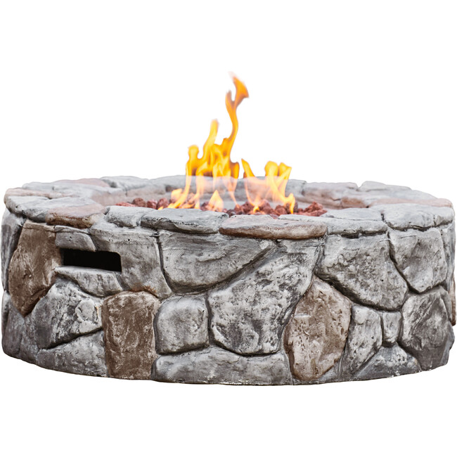 28" Outdoor Round Stone Propane Gas Fire Pit, Stone Gray