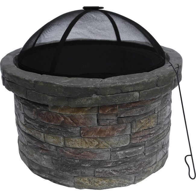 27" Outdoor Round Stone Wood Burning Fire Pit with Steel Base, Natural Stone