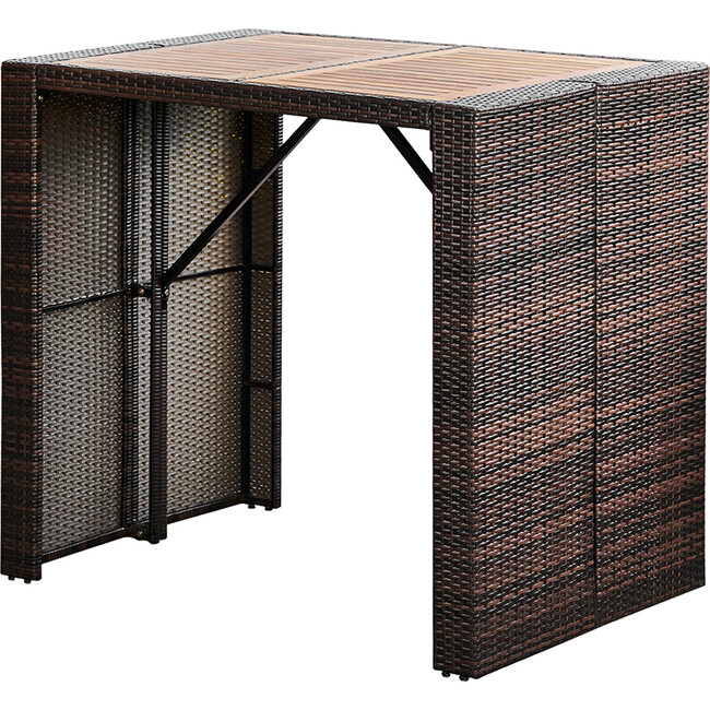 5 Piece Outdoor Bar Height Dining Set with Slat Acacia Wood Tabletop and Woven Weather Resistant Rattan with 4 Bar Stool Chairs and Cushions, Brown - Outdoor Home - 7