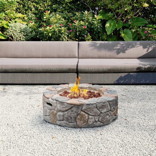 28" Outdoor Round Stone Propane Gas Fire Pit, Stone Gray - Outdoor Home - 2