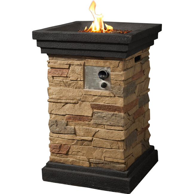 20" Outdoor Square Slate Rock Propane Gas Fire Pit with Steel Base, Natural Stone