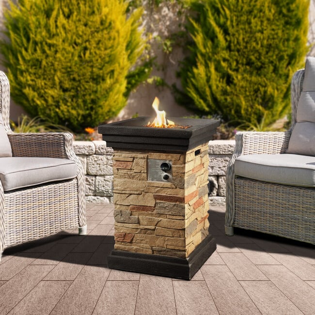 20" Outdoor Square Slate Rock Propane Gas Fire Pit with Steel Base, Natural Stone - Outdoor Home - 2