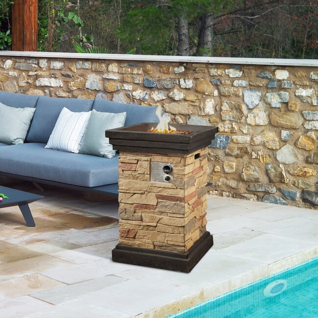 20" Outdoor Square Slate Rock Propane Gas Fire Pit with Steel Base, Natural Stone - Outdoor Home - 3