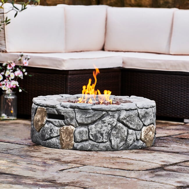 28" Outdoor Round Stone Propane Gas Fire Pit, Stone Gray - Outdoor Home - 5