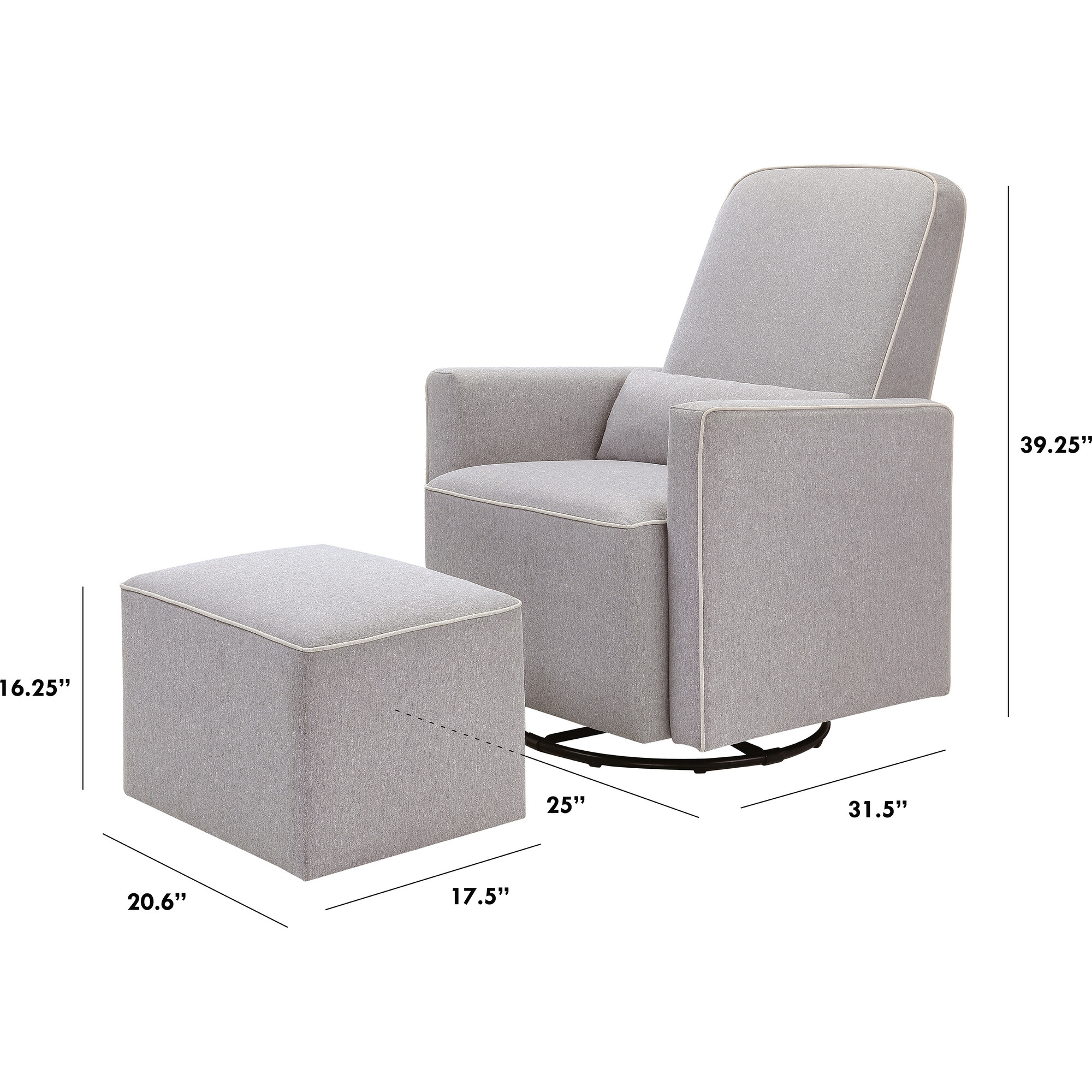 Davinci olive upholstered swivel glider and hotsell ottoman in grey with cream piping