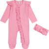 Rayon Rib Footed Coverall & Headband Set, Pink - Mixed Apparel Set - 1 - thumbnail