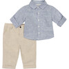 Linen Button Down Shirt & Pant Set, Blue - Mixed Apparel Set - 1 - thumbnail