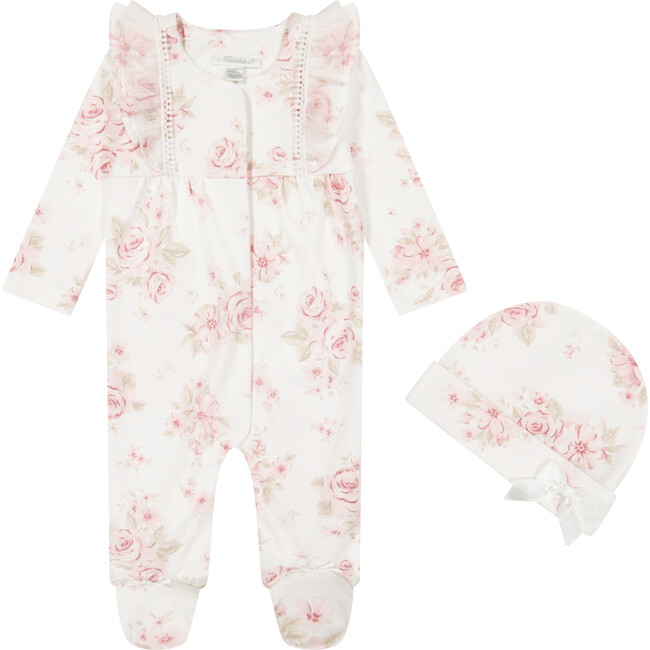 Floral Printed Footed Coverall & Hat Set, Ivory