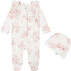Floral Printed Footed Coverall & Hat Set, Ivory - Mixed Apparel Set - 1 - thumbnail