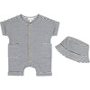 Waffle Romper & Bucket Hat Set, Navy - Mixed Apparel Set - 1 - thumbnail