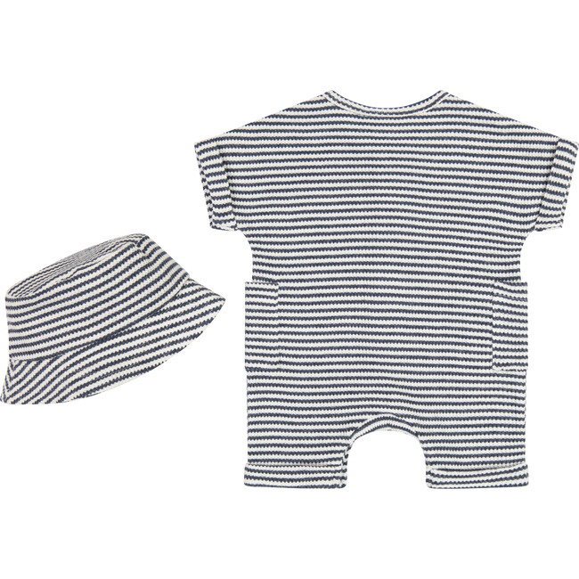 Waffle Romper & Bucket Hat Set, Navy - Mixed Apparel Set - 3