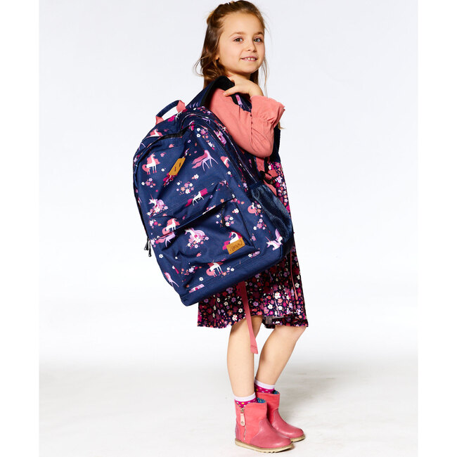 Kids Backpack, Navy Flowery Unicorn Print - Backpacks - 2