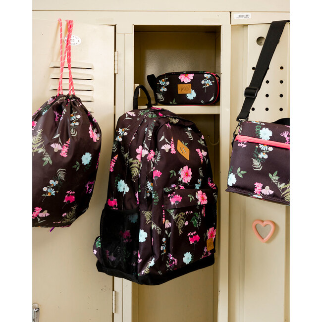 Kids Backpack, Black Botanical Flower Print - Backpacks - 2