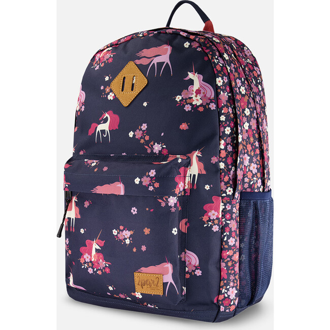 Kids Backpack, Navy Flowery Unicorn Print - Backpacks - 5