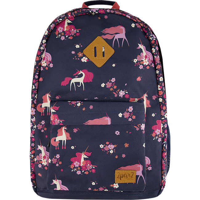 Kids Backpack, Navy Flowery Unicorn Print - Backpacks - 1