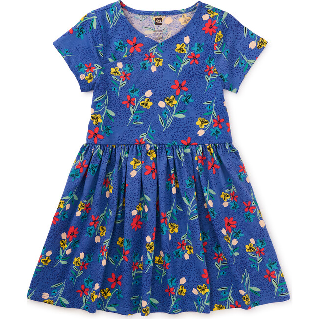 Short Sleeve Wrap Neck Dress, Blue - Dresses - 1