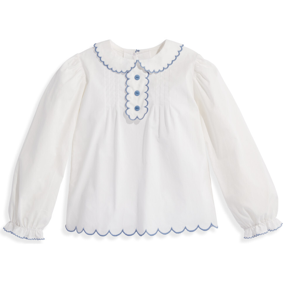 Scallop Trim Blouse, Ivory w Peri - Blouses - 1