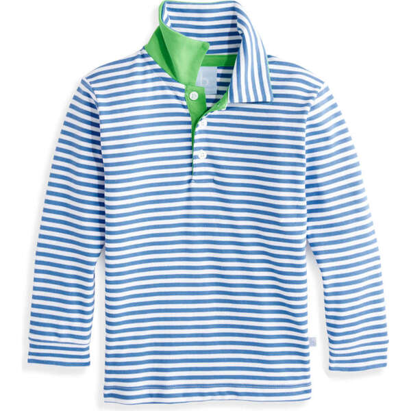 Long Sleeve Pima Polo w Contrast Trim, Royal White Stripe w Green - bella bliss Tops | Maisonette