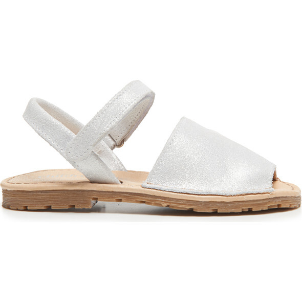 Leather Flat Peep-Toe Sandals, Silver Shimmer