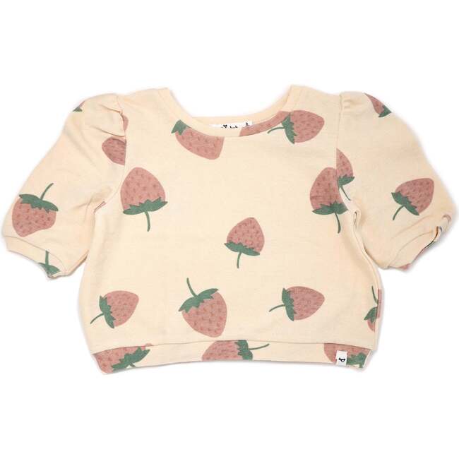 Strawberry Print Cotton Terry Puﬀ Sleeve Boxy, Natural